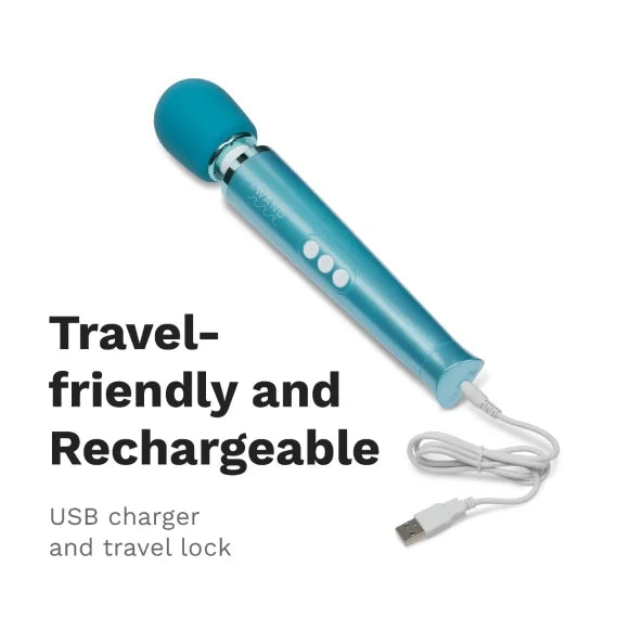 A teal rechargeable wand massager with a USB charger and travel lock.