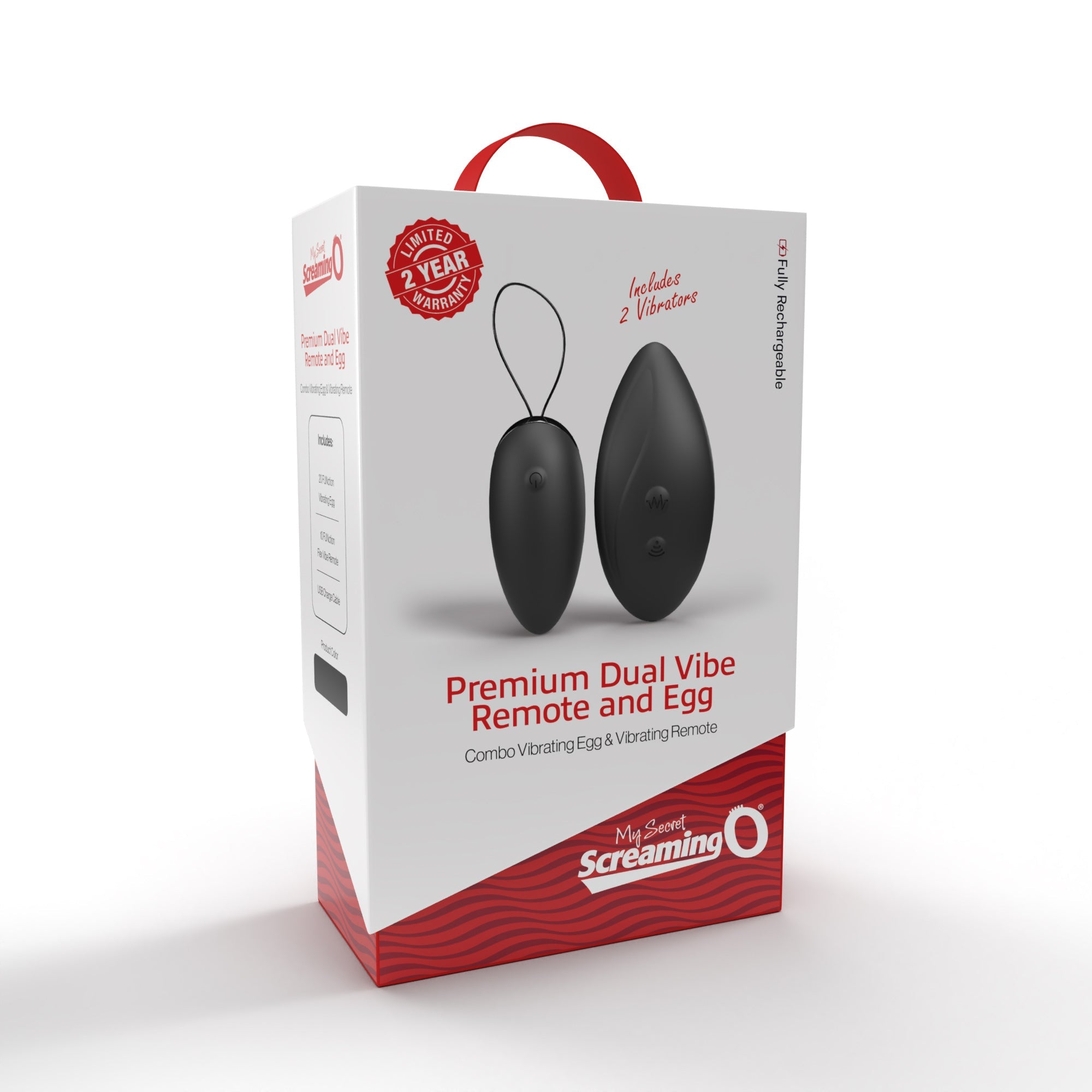 A black dual vibrating egg and remote control set on a white box.