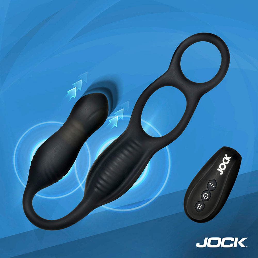 Black remote-controlled anal plug with C-ring and taint stimulator.