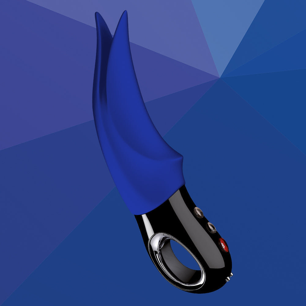 Sapphire blue clitoral vibrator with a loop handle.