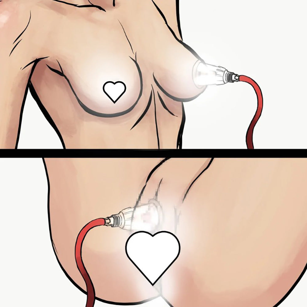 Blush clitoris and nipple enhancement pump system with three cylinders and red hoses.