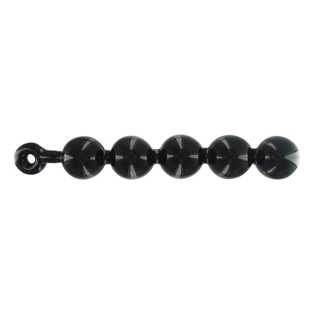 Black anal beads with a pull ring and five large spheres.