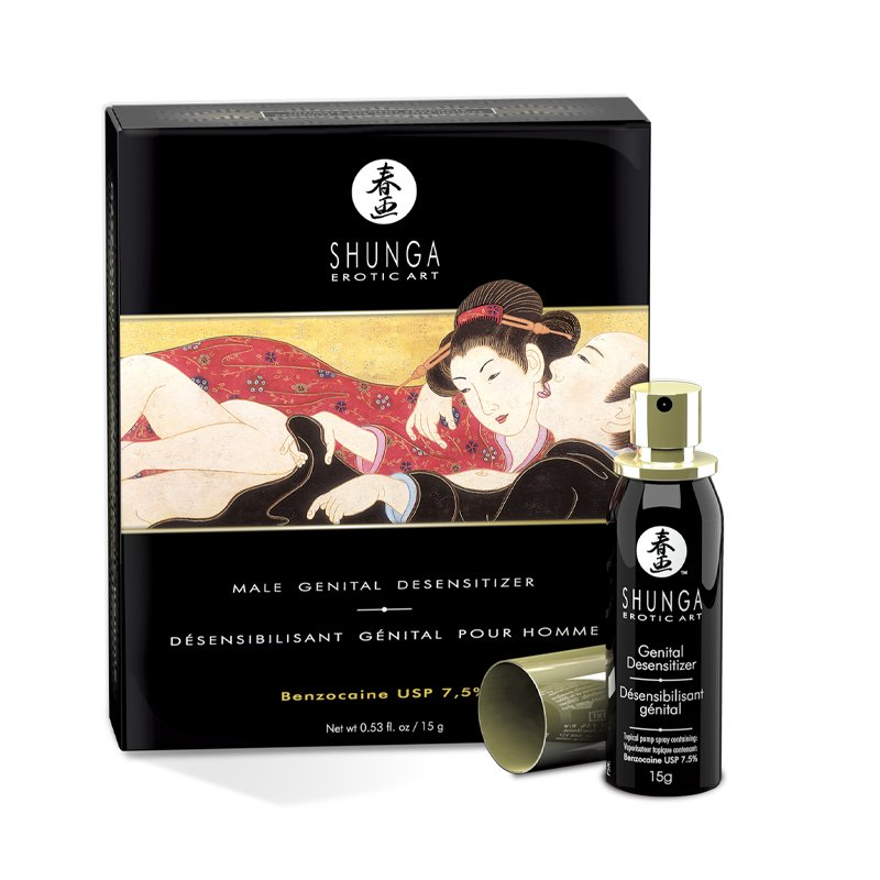 Shunga Male Genital Desensitizer spray and box with Japanese art.
