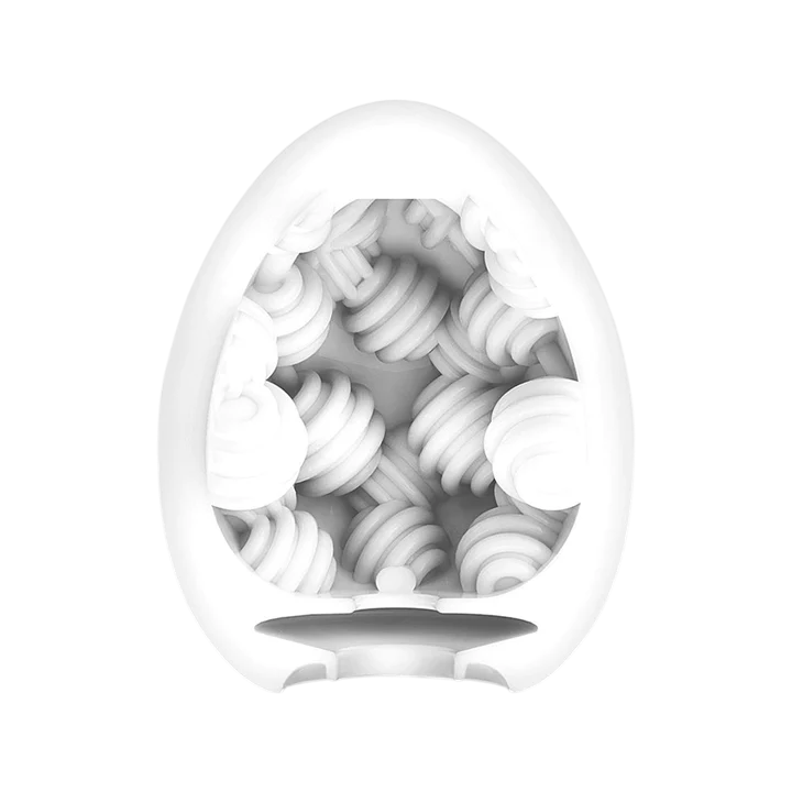 Egg-shaped male masturbator with internal textured orbs.