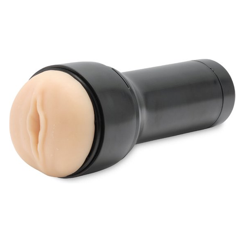 Realistic TPE stroker with a vagina texture and black casing.