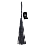 Black velvet and faux leather flogger with hematite chains and a black tag.
