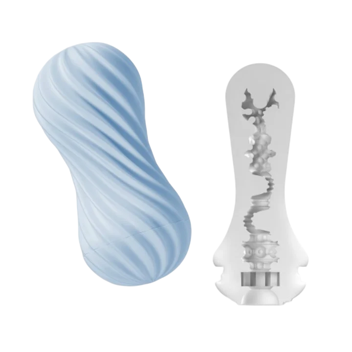 A blue spiral stroker and its internal textured sleeve.
