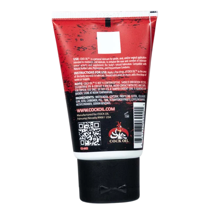 A 2 oz squeeze tube of Cock Oil water-based lubricant with product information and a QR code.