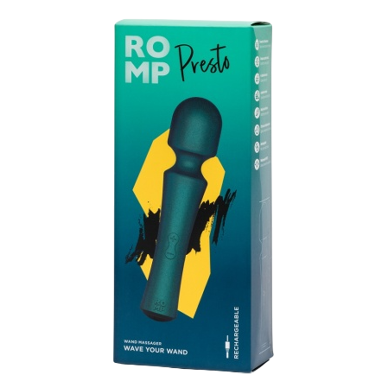 ROMP Presto mini wireless wand vibrator in teal on a teal and yellow box.