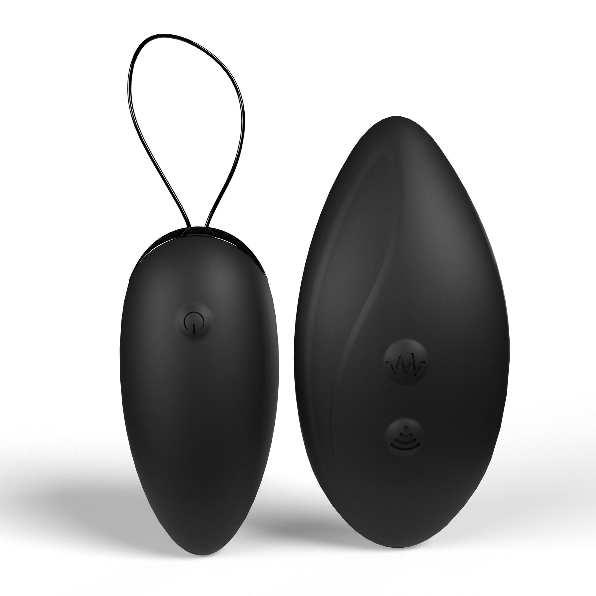 Two black silicone vibrating eggs, one with a power button and one with vibration pattern buttons.