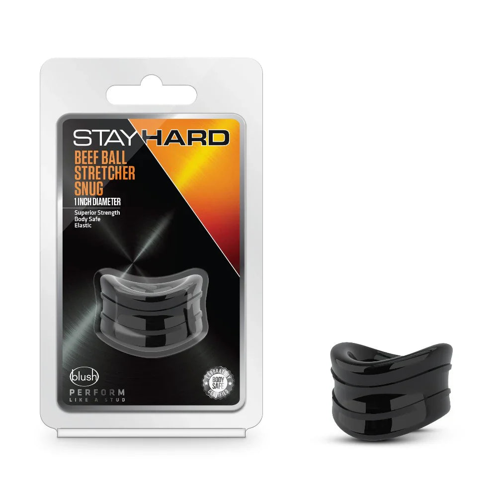 Black beef ball stretcher with a 1-inch diameter in packaging and shown separately.