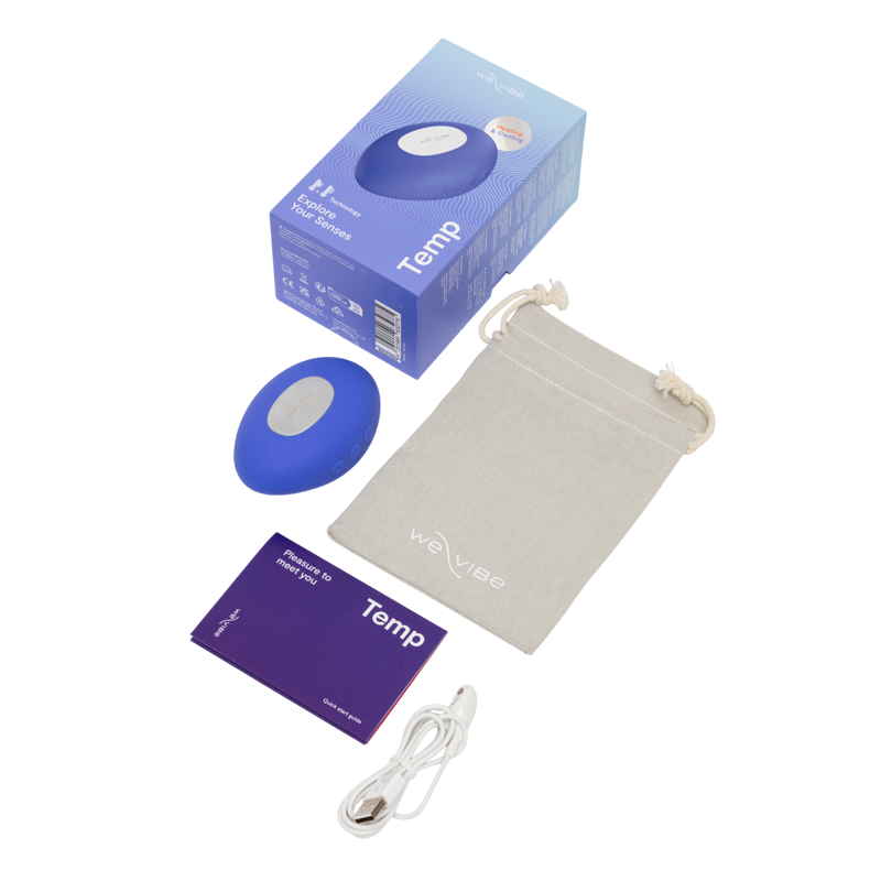 A lavender blue We-Vibe Temp vibrator with its box, charging cable, and storage pouch.