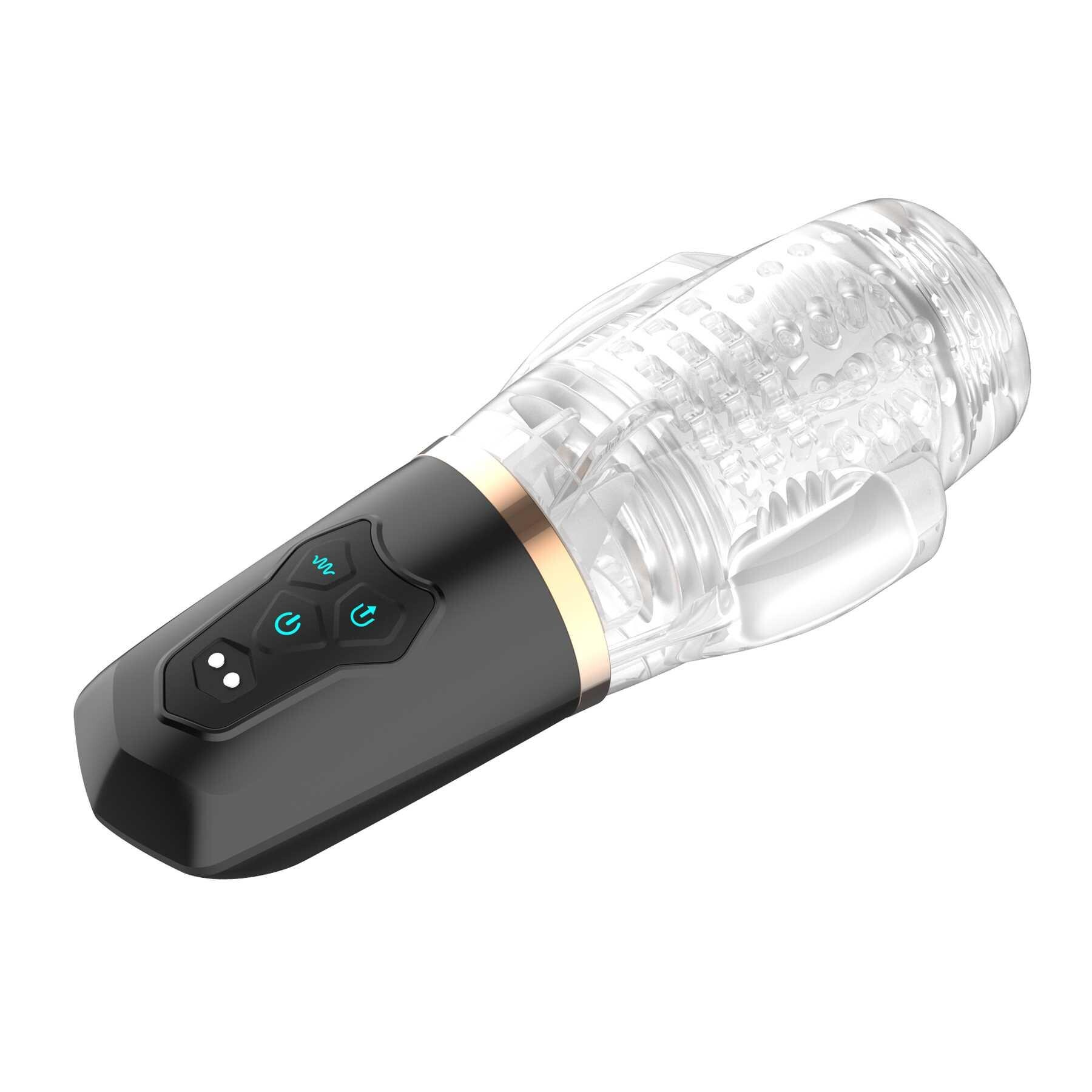 A black and clear vibrating and sucking sleeve with blue buttons.