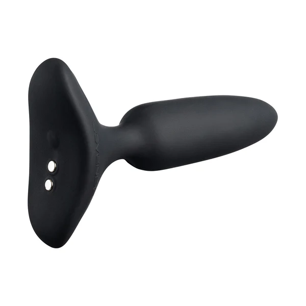 Black vibrating butt plug with a flared base and two silver rings.