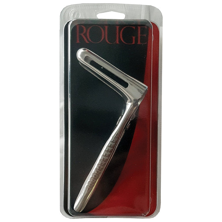 Stainless steel anal speculum with locking screw in packaging.