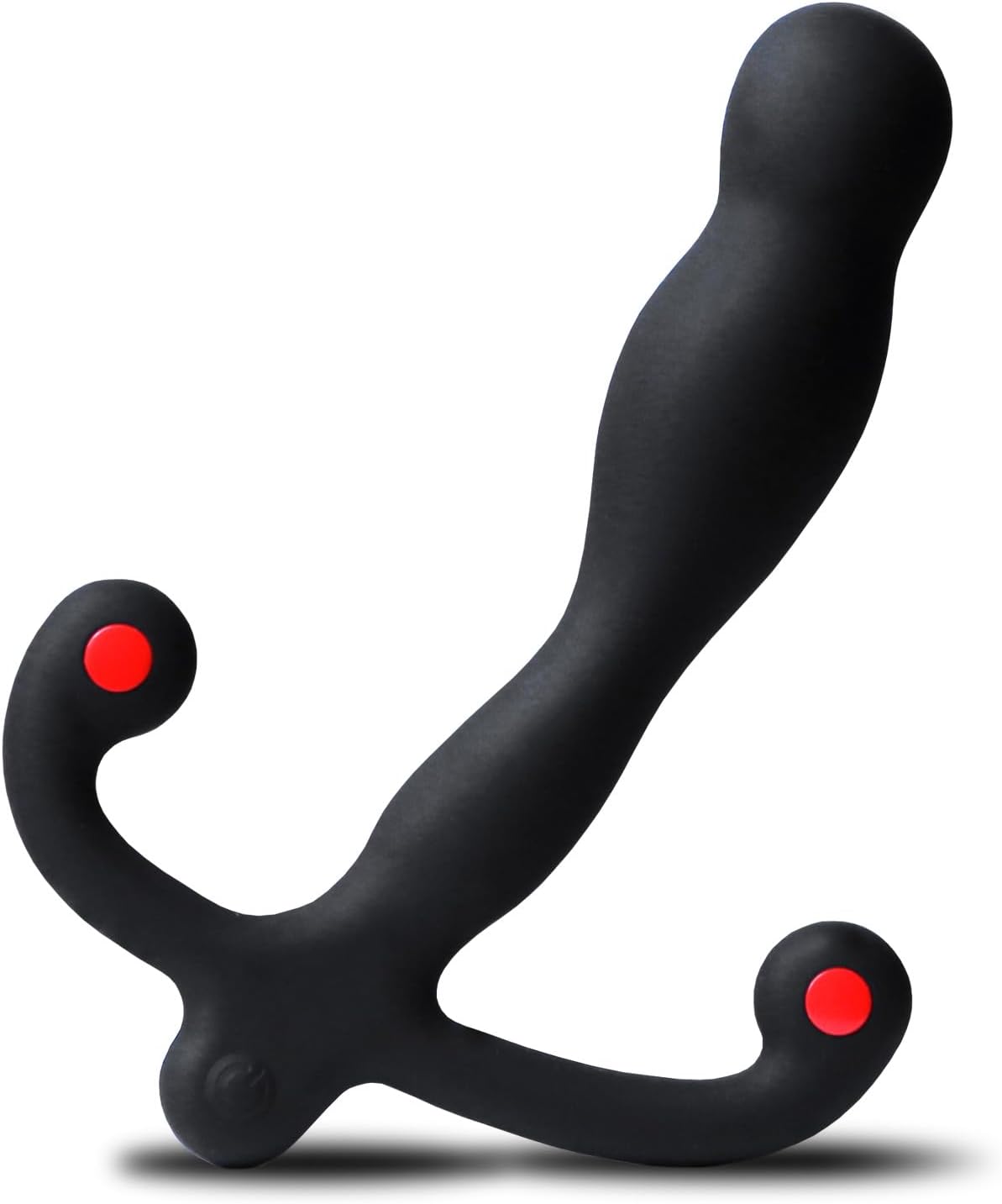 Black vibrating prostate massager with red accents and a curved handle.