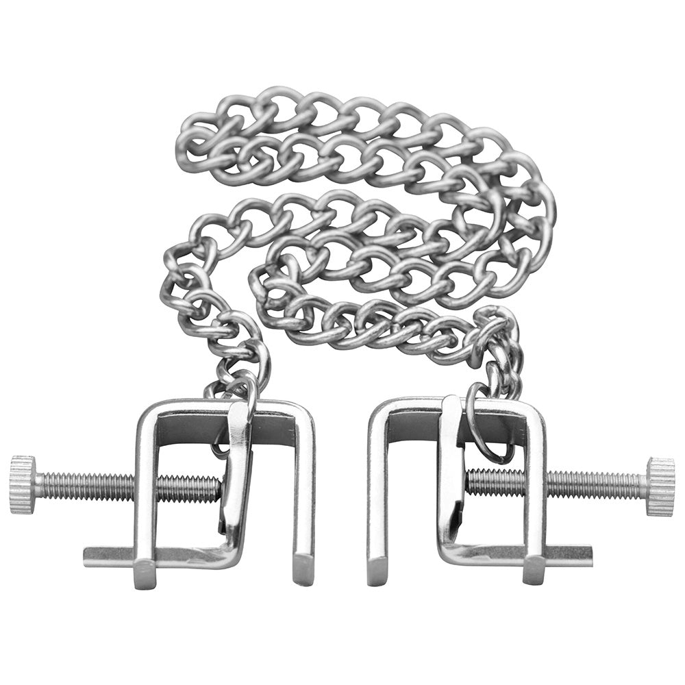 Silver metal nipple clamps with adjustable screws and a connecting chain.