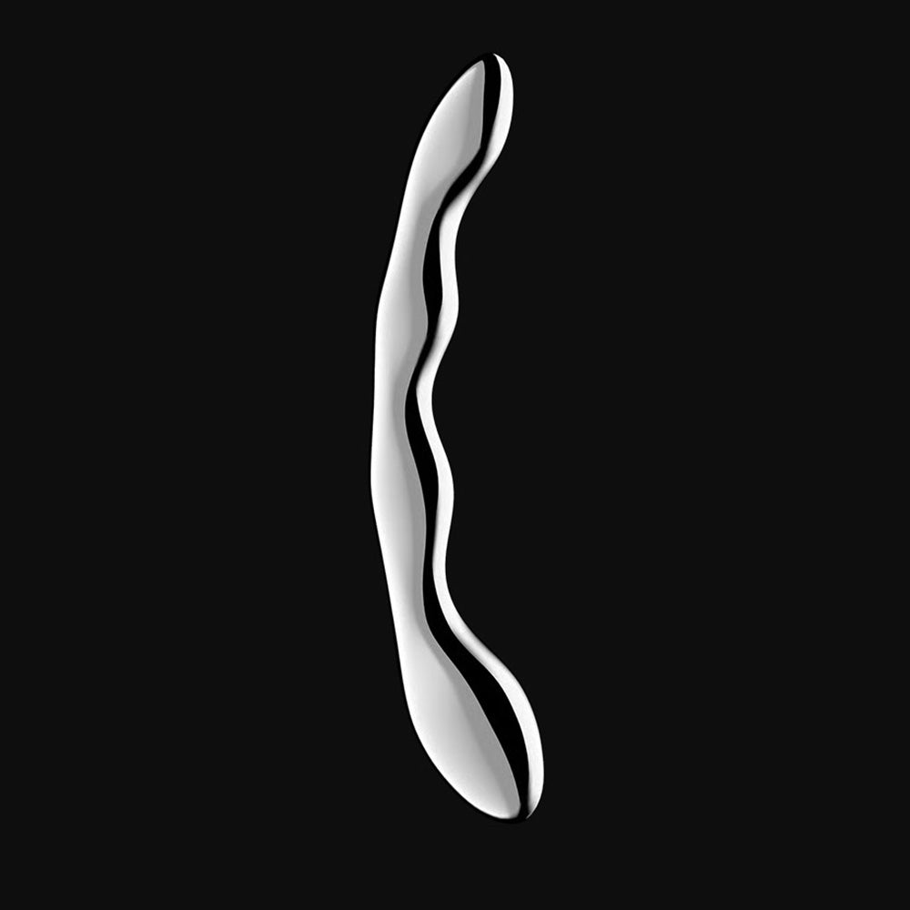 Curved stainless steel G-spot dildo with rippling texture.