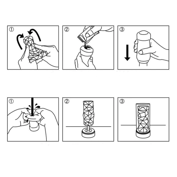 Diagram showing how to use a Tenga 3D Pile Textured Male Masturbator.