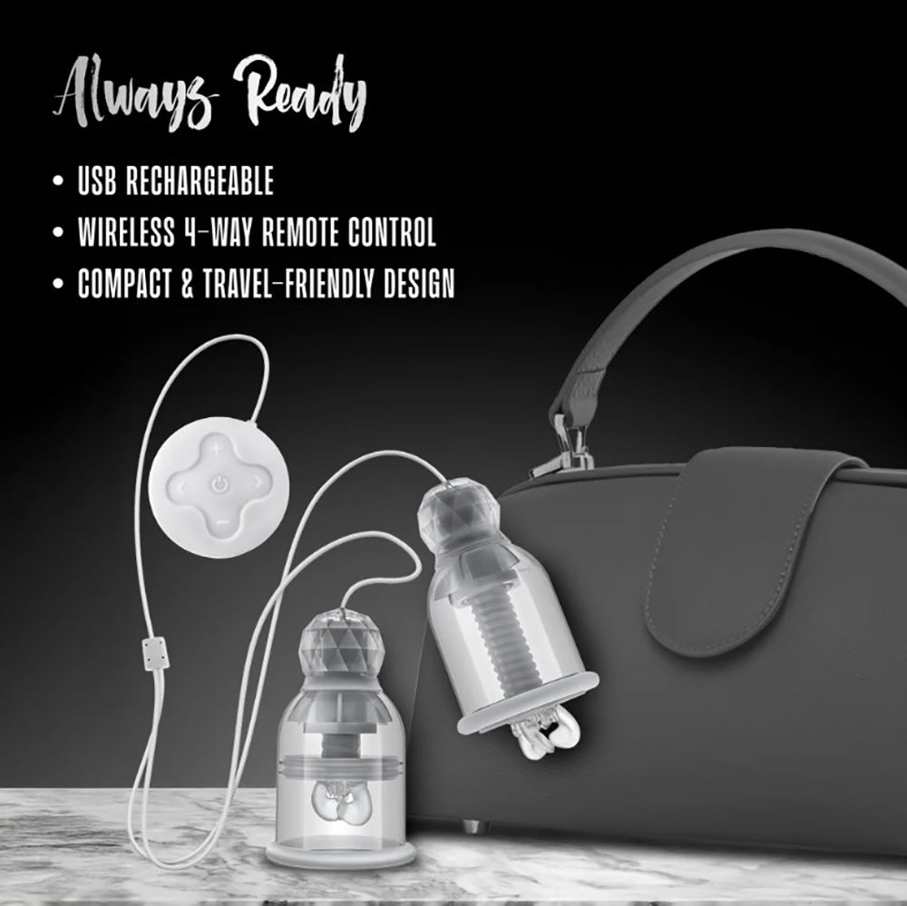 Wearable nipple massager with remote control and USB charging.