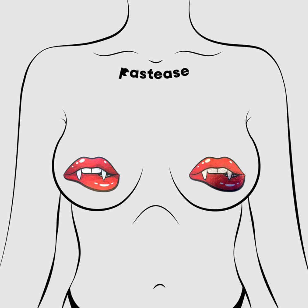 Red lips with vampire fangs nipple pasties.