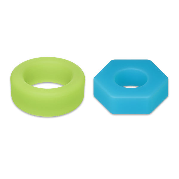Two silicone rings, one round and green, the other hexagonal and blue.