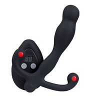 Black vibrating prostate massager with remote control and digital display.