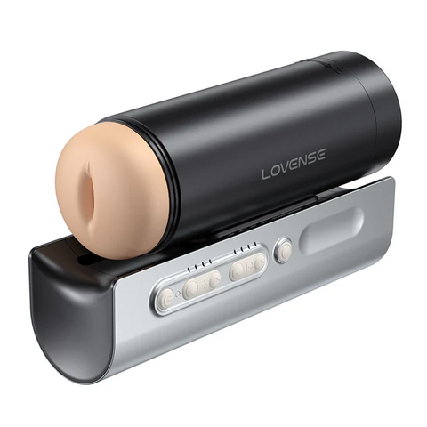 Lovense Solace Pro app-controlled thrusting male masturbator with textured sleeve and control buttons