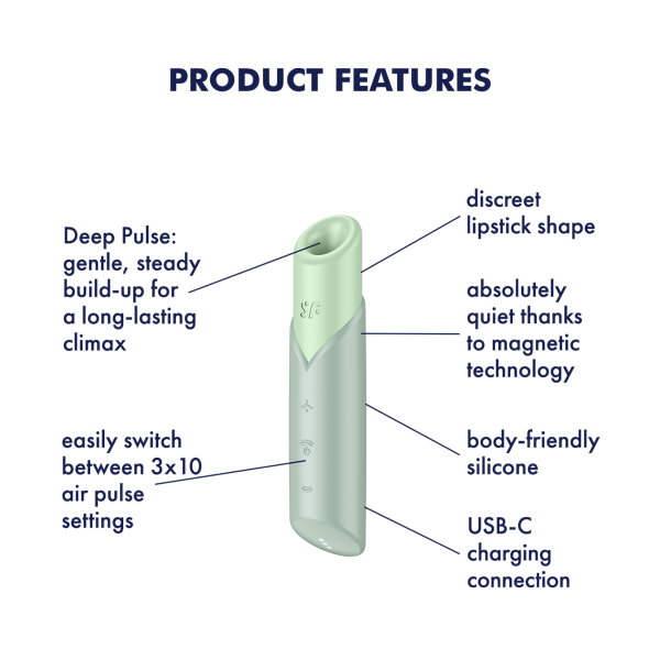 A light green lipstick-shaped vibrator with product features listed.