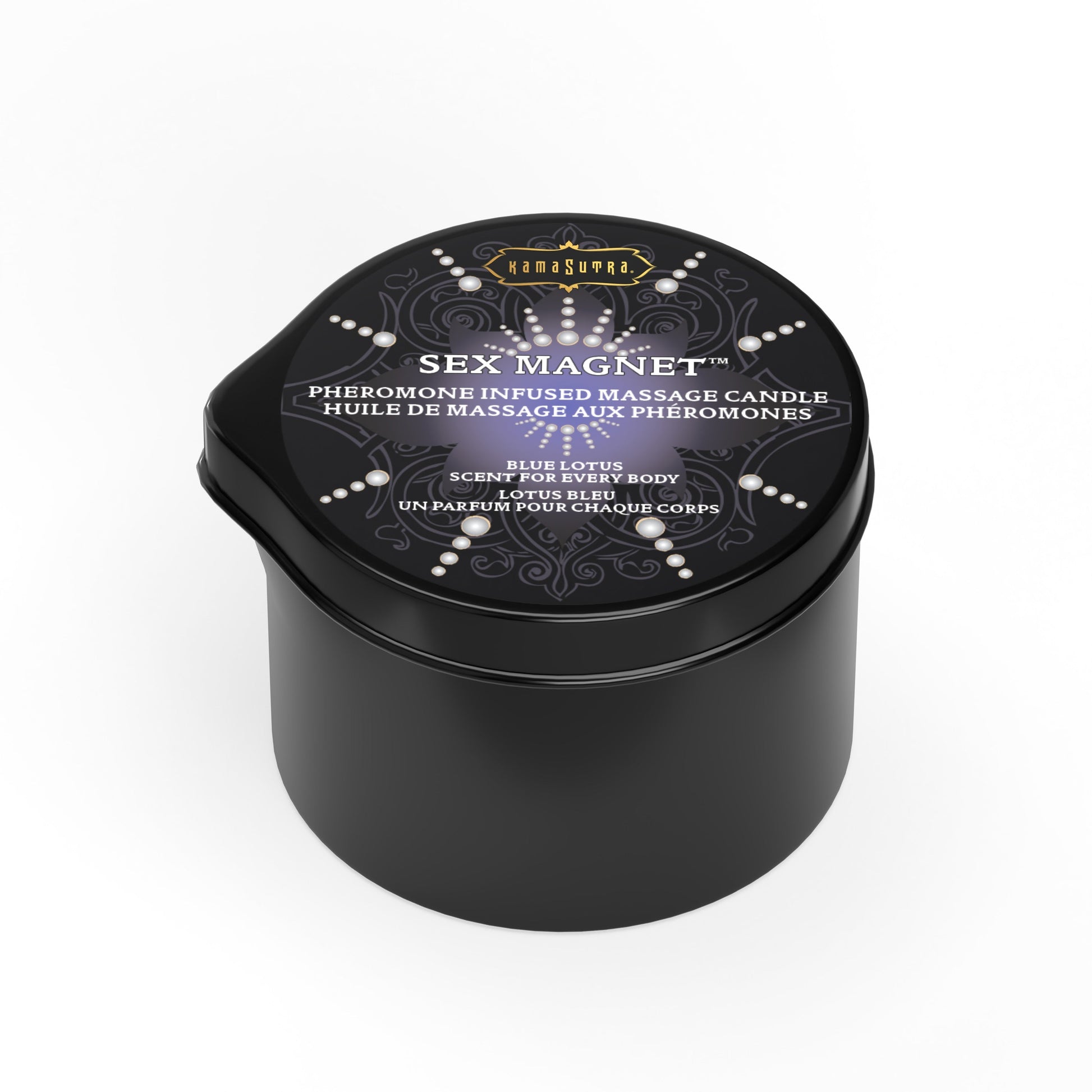 Kama Sutra Blue Lotus Pheromone Massage Candle with pour spout.