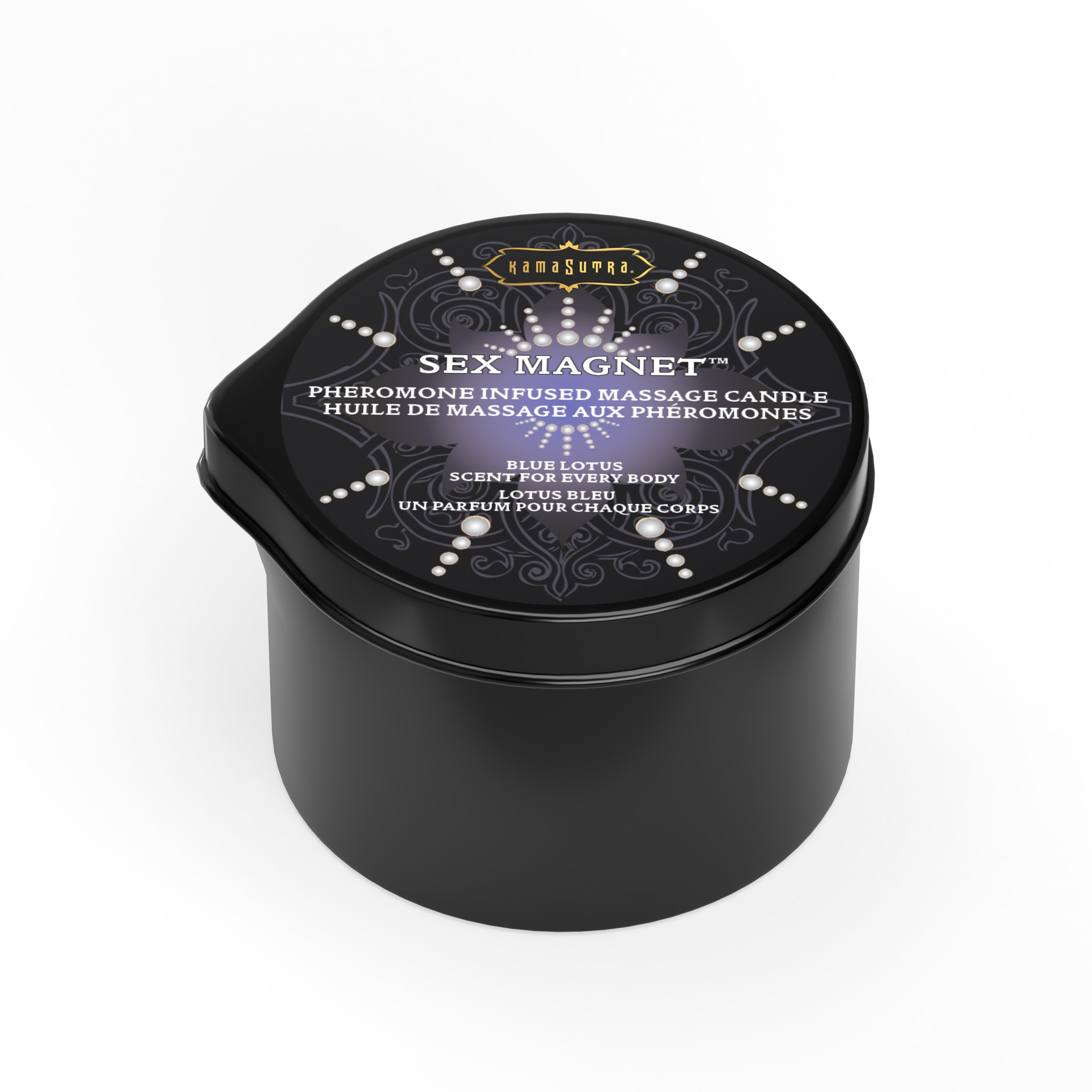 Kama Sutra Blue Lotus Pheromone Massage Candle with pour spout.