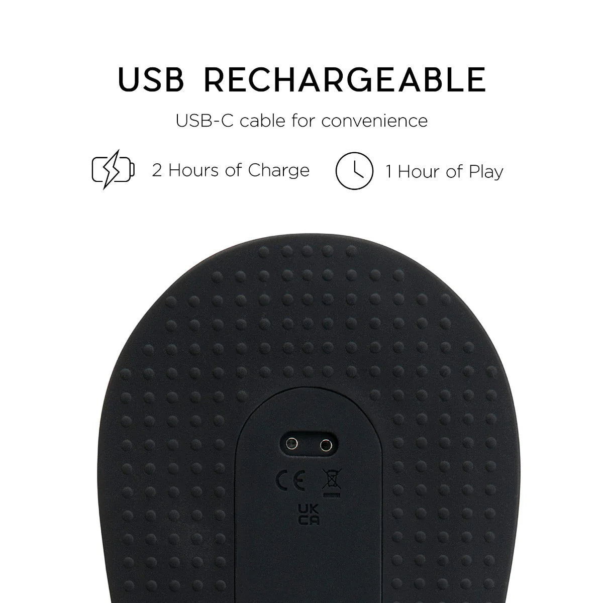 USB rechargeable clitoral tapper with 2 hours charge time and 1 hour play time.
