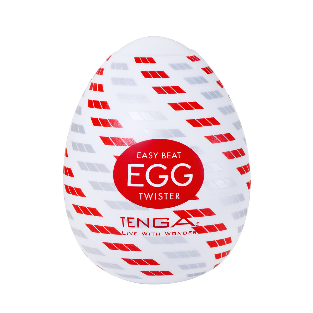 Tenga Twister Spiral egg-shaped male masturbator with red and gray pattern.