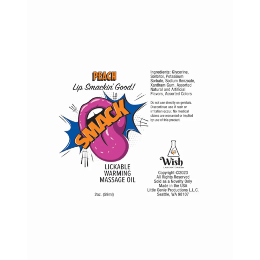 Peach Warming & Lickable Massage Oil with a cartoon mouth and tongue graphic.