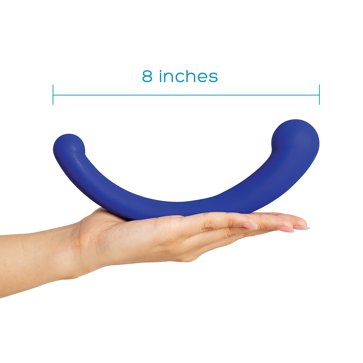 A blue dual vibrating arc massager is held in a hand.