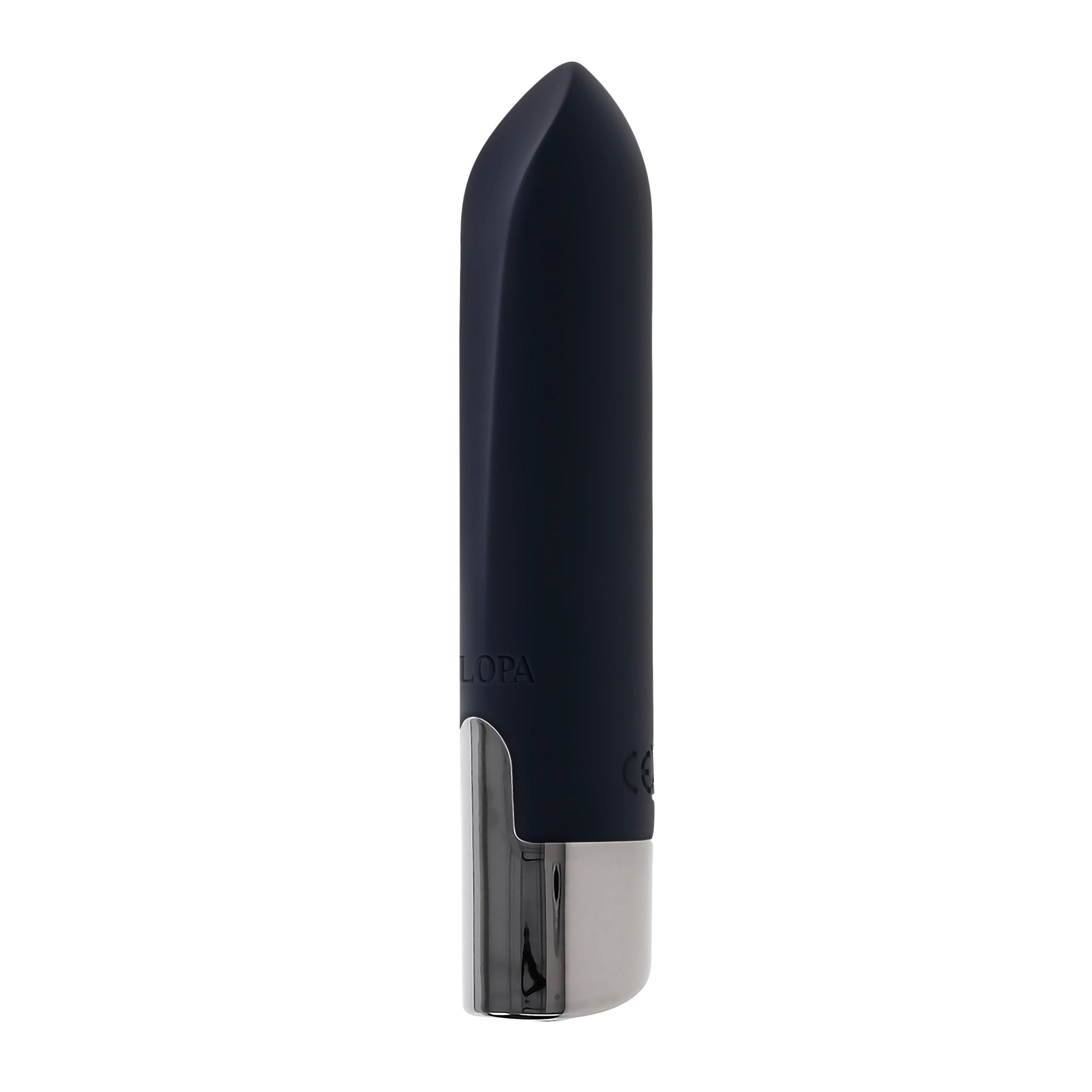 Dark blue bullet vibrator with a silver base.
