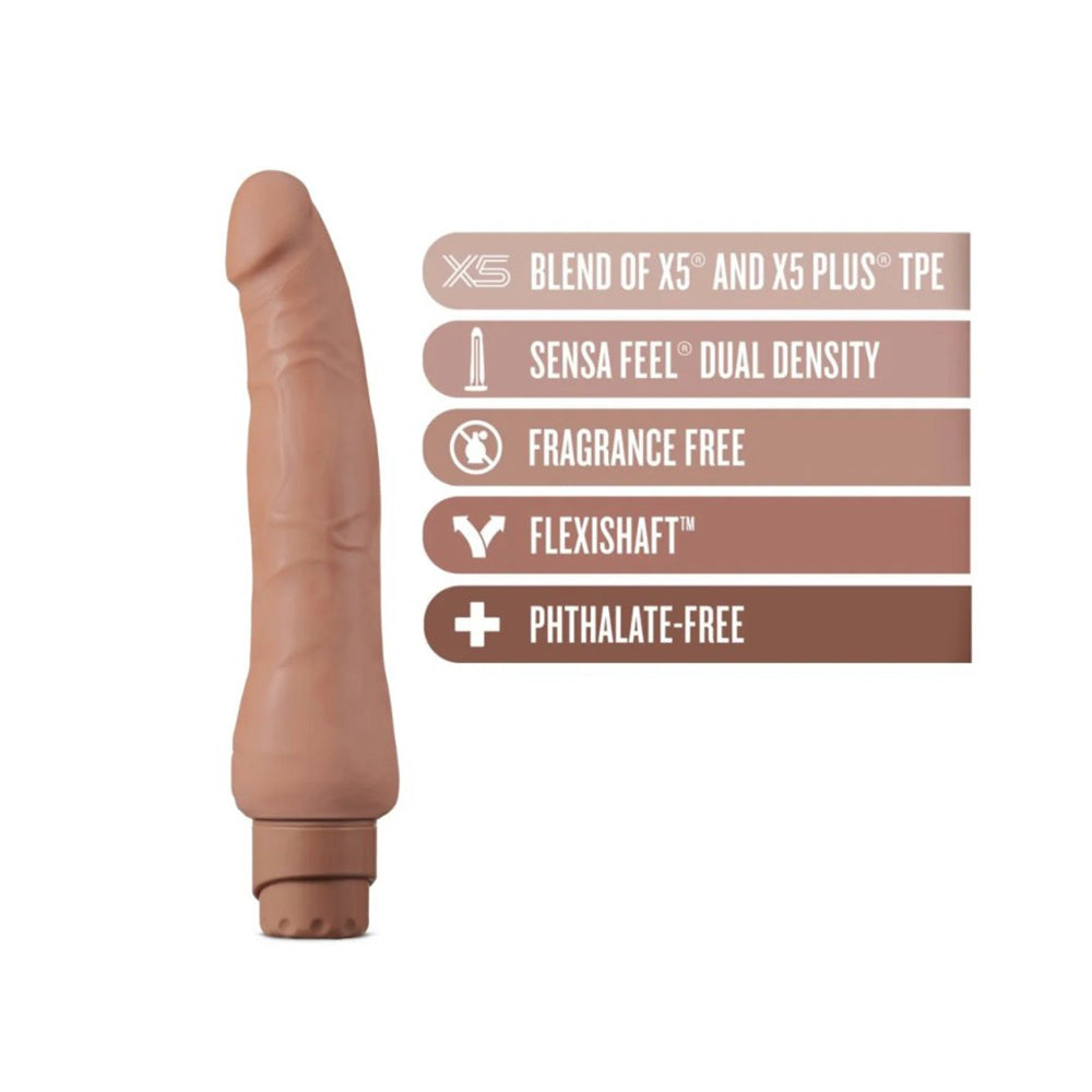 Miguel 10-inch dual density vibrating silicone dildo in tan color with FlexiShaft technology.