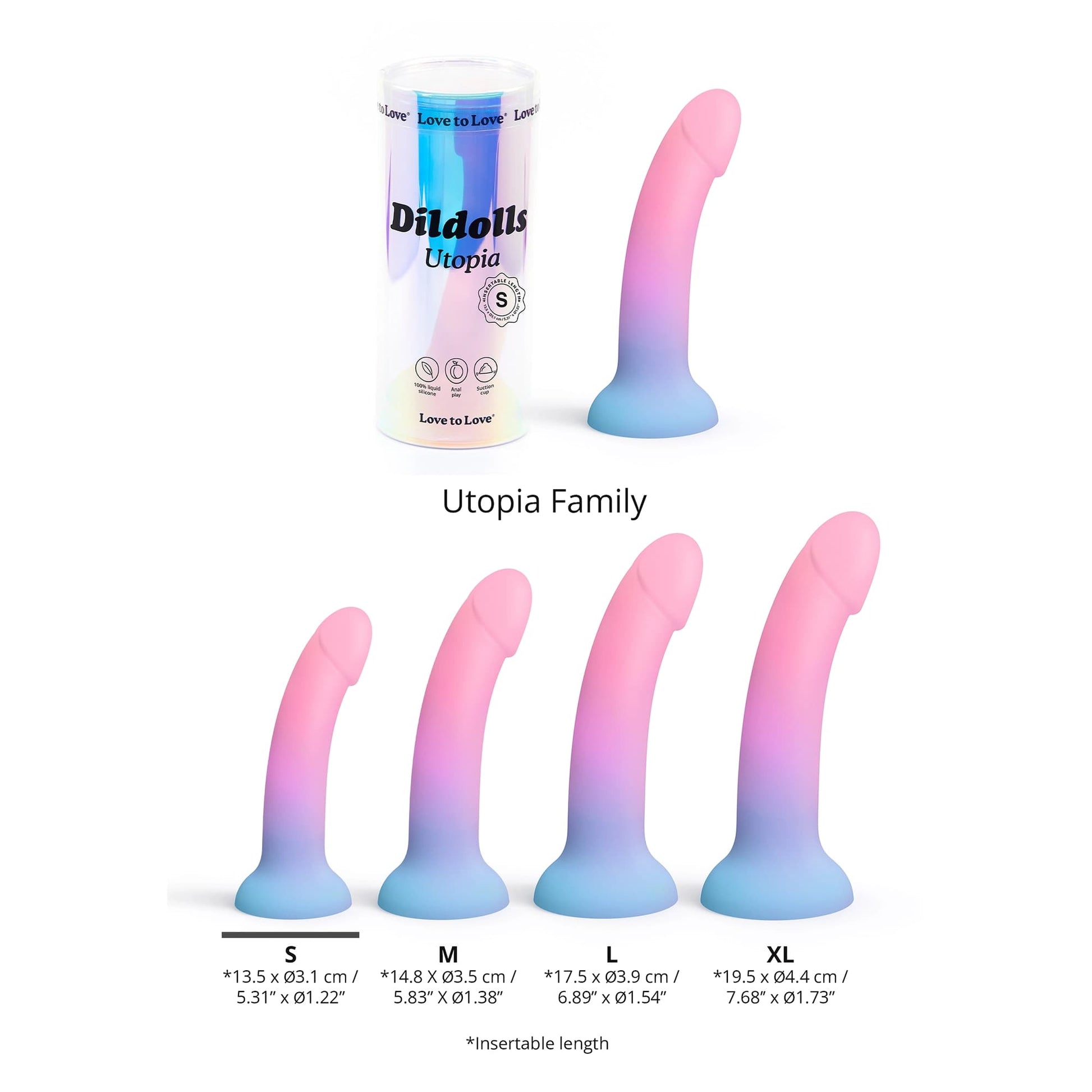 Utopia S curved liquid silicone dildo in rose gradient with suction base, 5.31-inch insertable length.