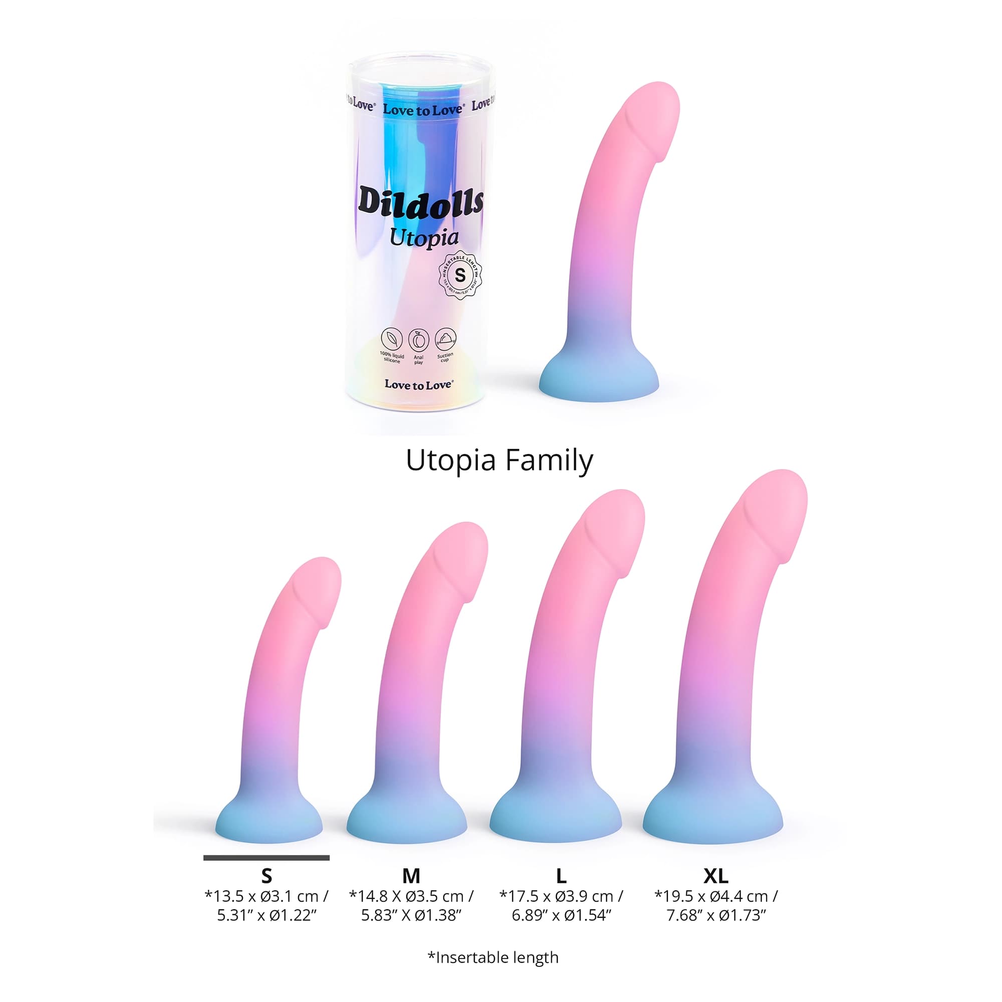 Utopia S curved liquid silicone dildo in rose gradient with suction base, 5.31-inch insertable length.