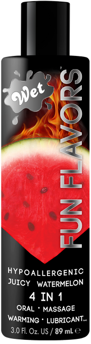 Wet Watermelon Flavored Warming Lubricant and Massage Lotion bottle with watermelon and flames.