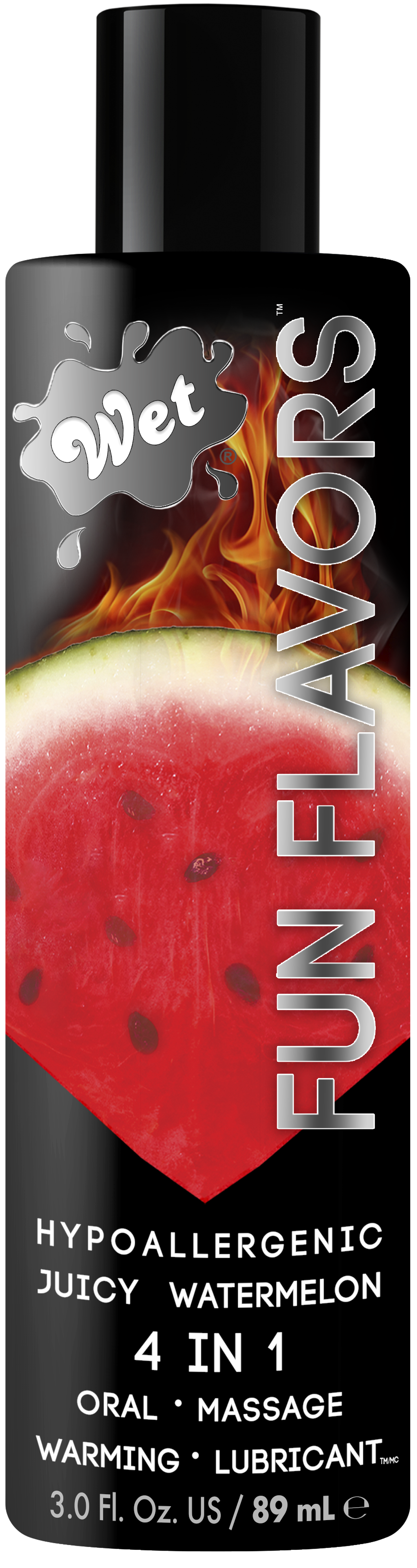 Wet Watermelon Flavored Warming Lubricant and Massage Lotion bottle with watermelon and flames.