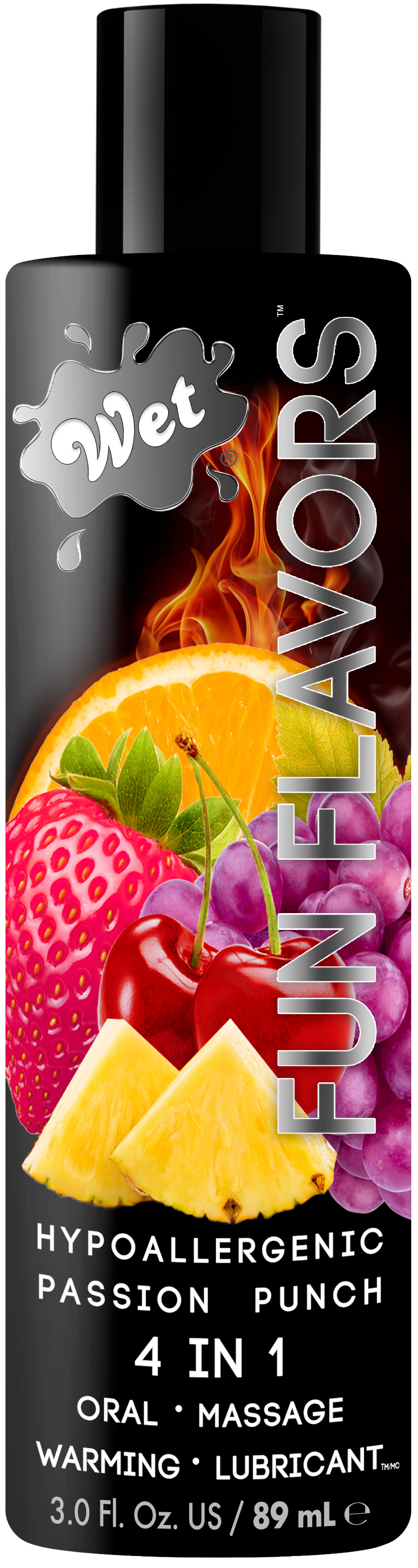 Wet Passion Punch flavored warming lubricant with fruit imagery.