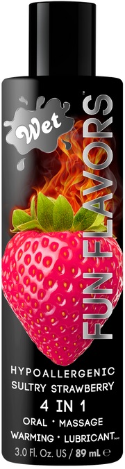 Wet Strawberry Flavored Warming Lubricant bottle with strawberry and flames.
