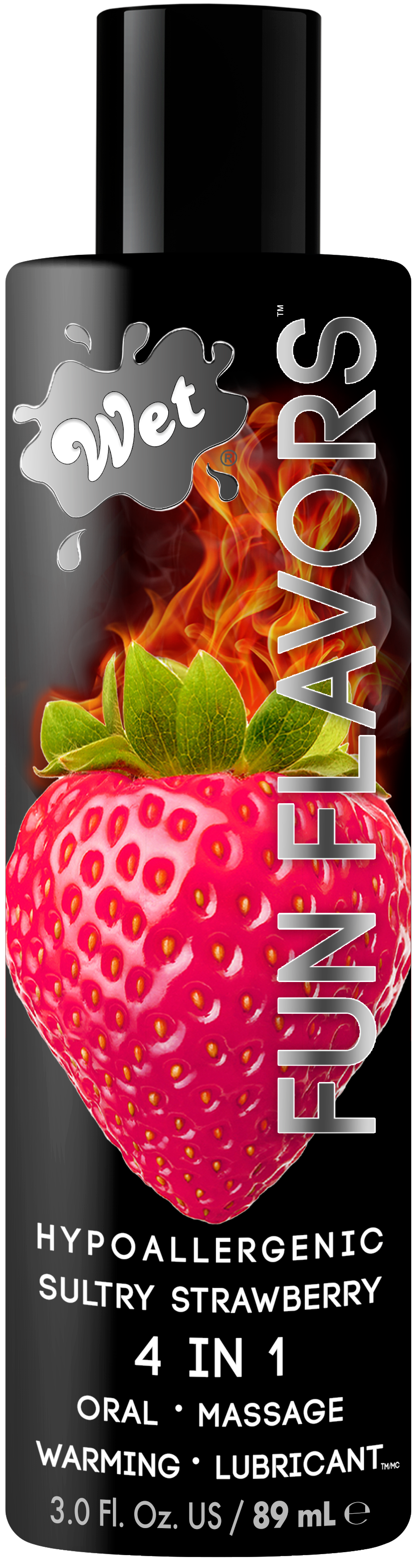 Wet Strawberry Flavored Warming Lubricant bottle with strawberry and flames.