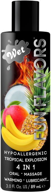Wet Tropical Explosion 4-in-1 warming flavored lubricant with fruit imagery.