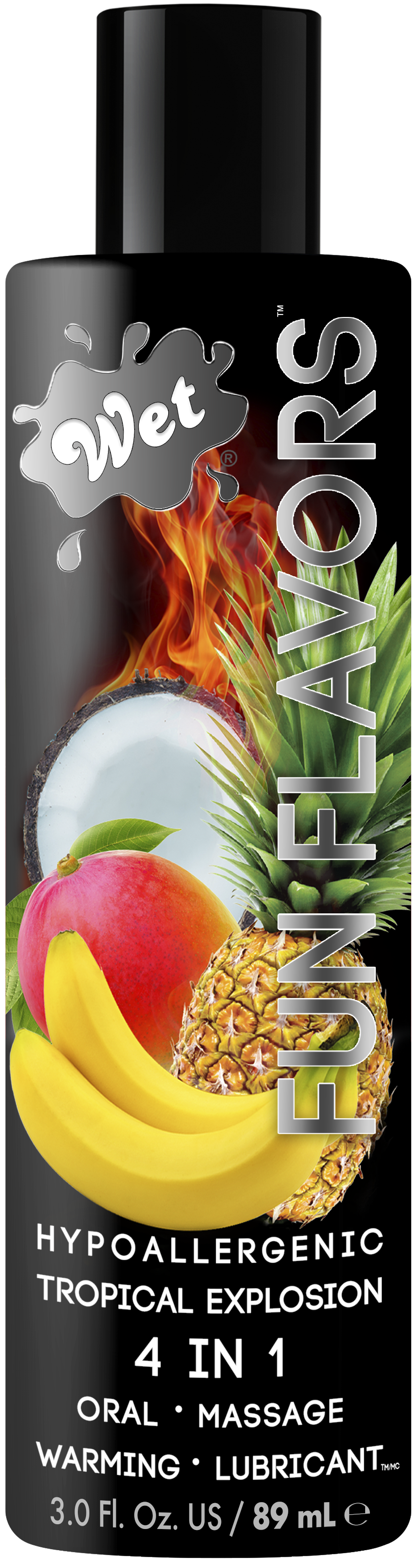Wet Tropical Explosion 4-in-1 warming flavored lubricant with fruit imagery.