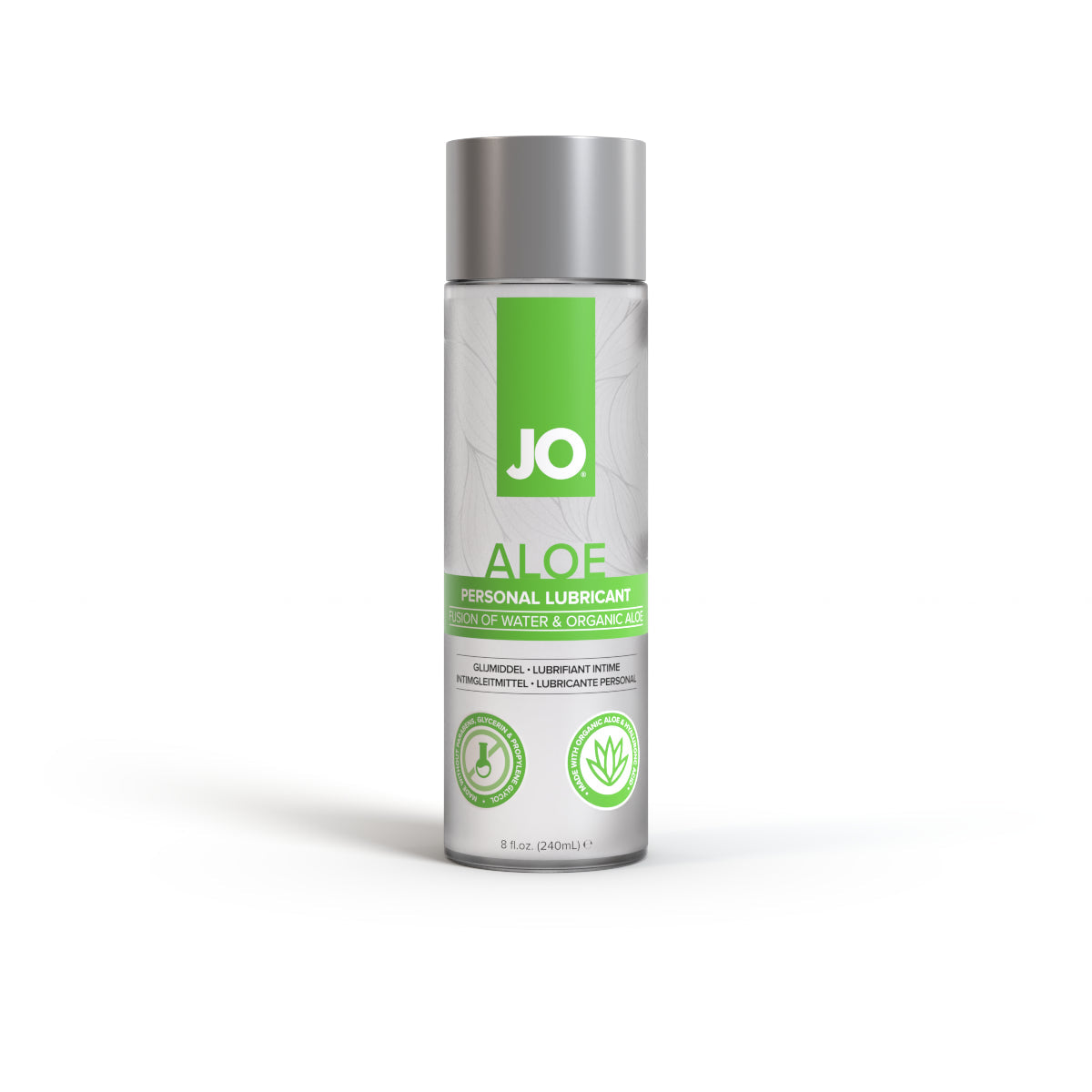 JO Aloe personal lubricant in a clear bottle with a silver cap.