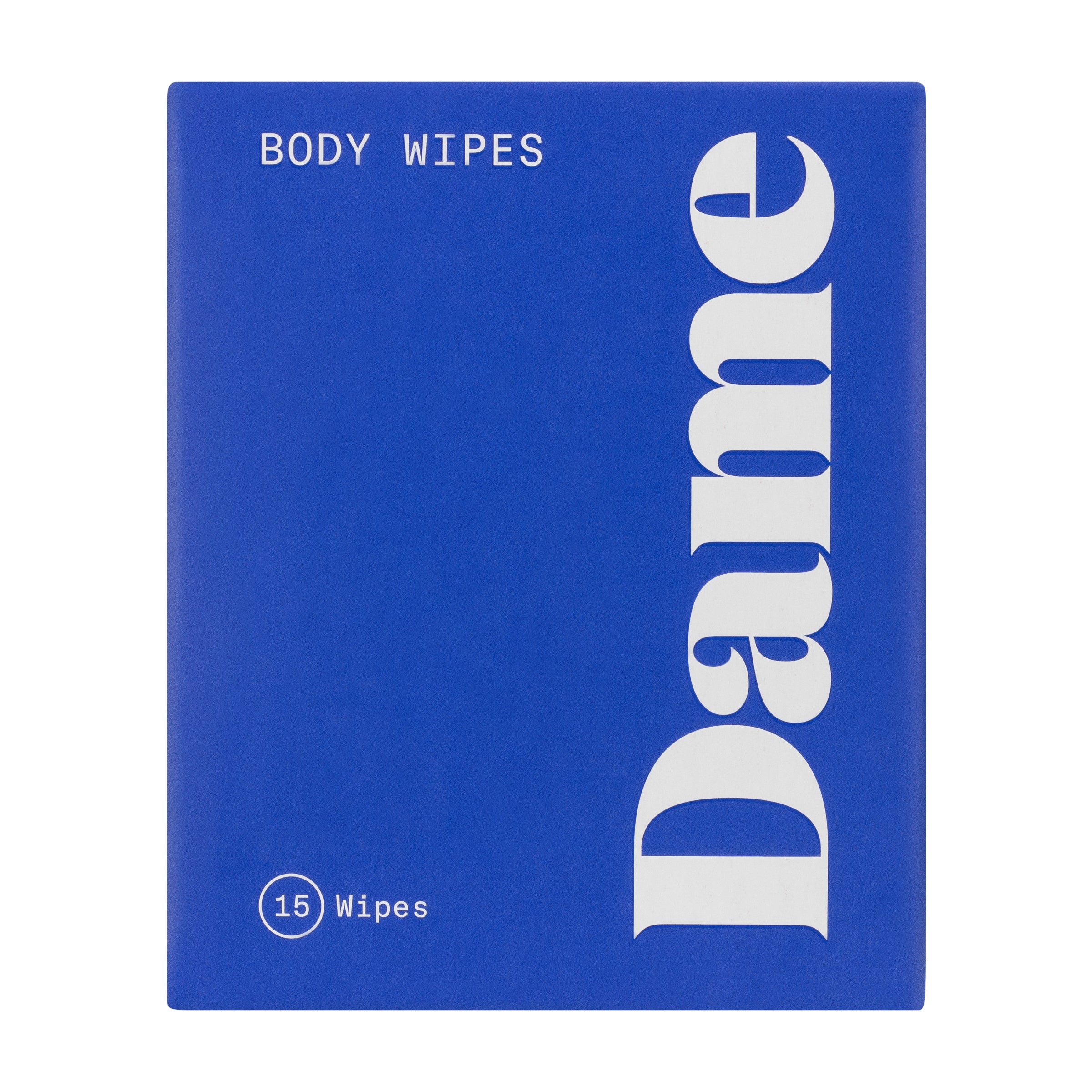 Blue package of Dame body wipes with "BODY WIPES" and "15 Wipes" text.