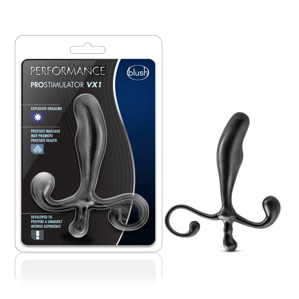 Black ABS plastic prostate stimulator massager with a curved shaft and three prongs.