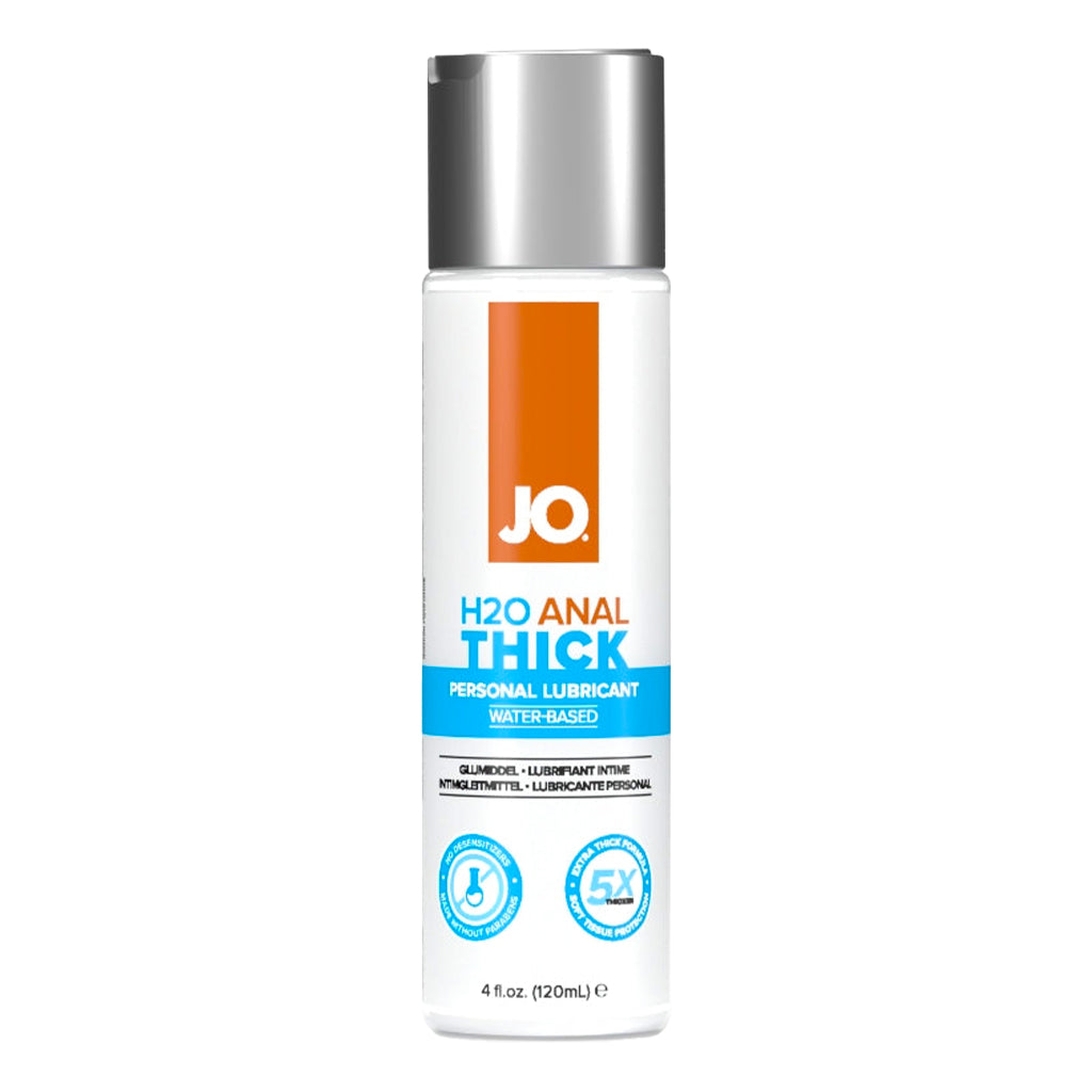JO H2O Anal Thick water-based personal lubricant in a white bottle with an orange and blue label.